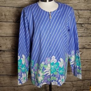 Bob Mackie Diagonal Stripe Multi-Floral Ponte Knit Jacket-Iris-Size Medium Pit